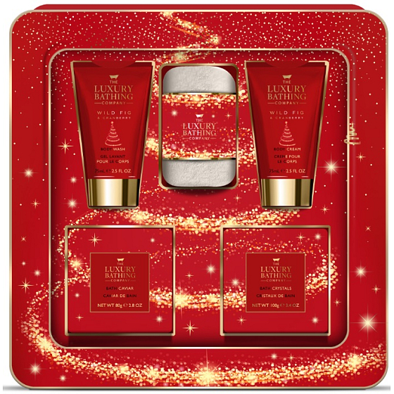 Grace Cole Wild Fig & Cranberry Reinigungsgel 75 ml + Körpercreme 75 ml + funkelnder Badeball 2 x 25 g + Badeperlen 80 g + Flanellwaschlappen + Blechdose, Kosmetikset für Damen