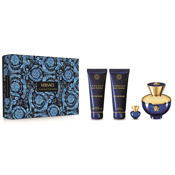 Versace Dylan Blue pour Femme Eau de Parfum 100 ml + Körperlotion 100 ml + Duschgel 100 ml + Eau de Parfum 5 ml Miniatur, Geschenkset für Frauen