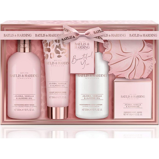 Baylis & Harding Jojoba-, Vanille- und Mandelöl-Reinigungsgel 300 ml + Körperlotion 300 ml + Toilettenseife 150 g + Duschcreme 130 ml + Waschlappen, Kosmetikset