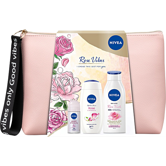 Nivea Rose Vibes Bodylotion 400 ml + Duschgel 250 ml + Antitranspirant Roll-on 50 ml + Etui, Kosmetikset für Damen