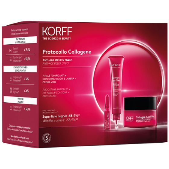 Korff Collagen Anti-Falten-Füllcreme 50 ml + Anti-Falten Augen- und Lippencreme 15 ml + Regimen Anti-Falten-Tonisierungsampulle 7 Stück, Kosmetikset für Frauen