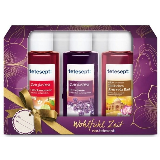 Tetesept Rest + Glücksmomente + Indisches Ayurveda-Bad Badekonzentrat 3 x 20 ml Miniatur-Kosmetikset