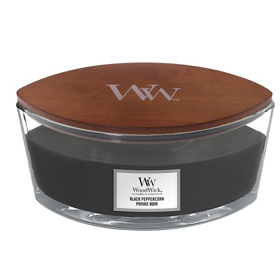 WoodWick Black Peppercorn - Duftkerze aus schwarzem Pfefferkorn mit breitem Holzdocht und Glasdeckel 453 g