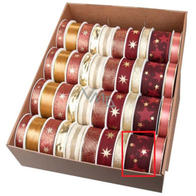 Ditipo Fabric Weihnachtsband mit Draht Dunkelrot mit goldenen Sternen 2 m x 40 mm