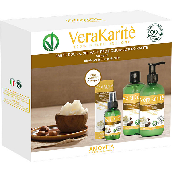Amovita Vera Karité - Sheabutter Körperöl 100 ml + Körpercreme 250 ml + Duschgel 250 ml, Kosmetikset