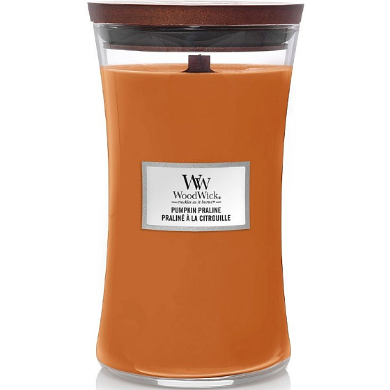 WoodWick Pumpkin Praline - Kürbis Delikatesse Duftkerze mit Holzdocht und Deckel Glas groß 609 g