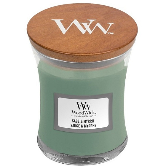 WoodWick Sage & Myrht - Duftkerze mit Salbei und Myrrhe mit Holzdocht und Deckelglas klein 85 g