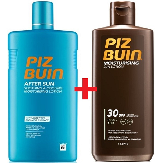 Piz Buin Feuchtigkeitsspendende Lotion SPF30 Feuchtigkeitsspendende Sonnenlotion 200 ml + After Sun Beruhigende & kühlende Lotion mit Aloe Vera, spendet Feuchtigkeit und kühlt, mindert durch UV-Strahlen verursachte Rötungen 400 ml, Duopack