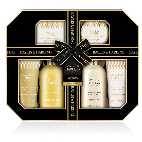 Baylis & Harding Tangerine and Grapefruit Waschgel 300 ml + Bademilch 300 ml + Toilettenseife 150 g + Duschcreme 130 ml + Körperlotion 130 ml + Badesalz 100 g, Kosmetikset für Frauen