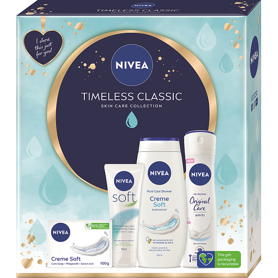 Nivea Timeless Classic Creme Soft cremige Toilettenseife 100 g + Creme Soft Duschgel 250 ml + Original Care Antitranspirant Spray 150 ml + Creme Soft frische Feuchtigkeitscreme für den ganzen Körper 75 ml, Kosmetikset für Frauen