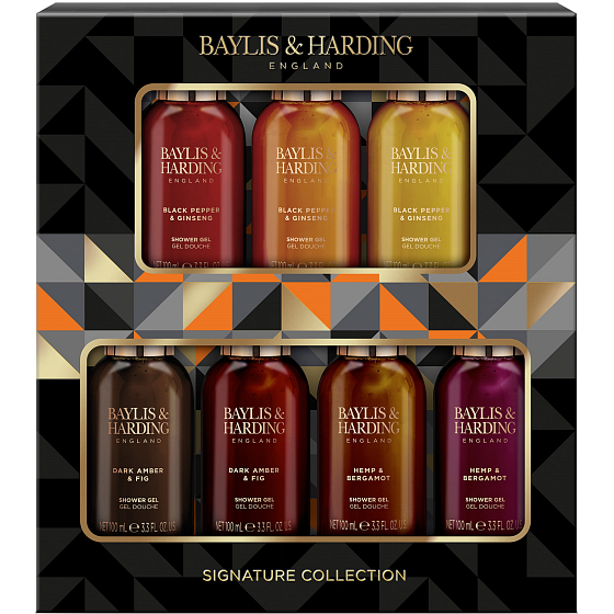 Baylis & Harding Men Schwarzer Pfeffer und Ginseng Duschgel 3 x 100 ml + Hanf und Bergamotte Duschgel 3 x 100 ml + Schwarzer Amber und Feigen 2 x 100 ml, Kosmetikset für Männer