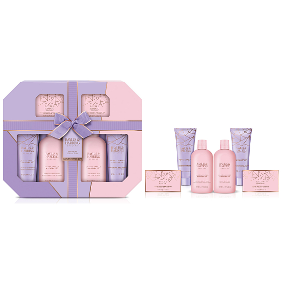 Baylis & Harding Jojoba und Vanille Duschgel 300 ml + Bademilch 300 ml + feste Seife 150 g + Duschcreme 130 ml + Körperlotion 130 ml + Badekristalle 100 g, Kosmetikset für Frauen
