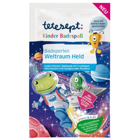 Tetesept Kosmonaut Badekugeln, erstaunliche Wasserfarbe, Glitzer- und Knistereffekt für Kinder 80 g