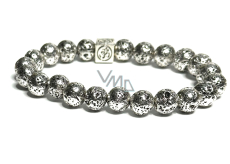 Lava Silber Farbe dunkel plattiert mit königlichen Mantra Om, Armband elastisch Naturstein, Perle 8 mm / 16-17 cm, geboren von den vier Elementen