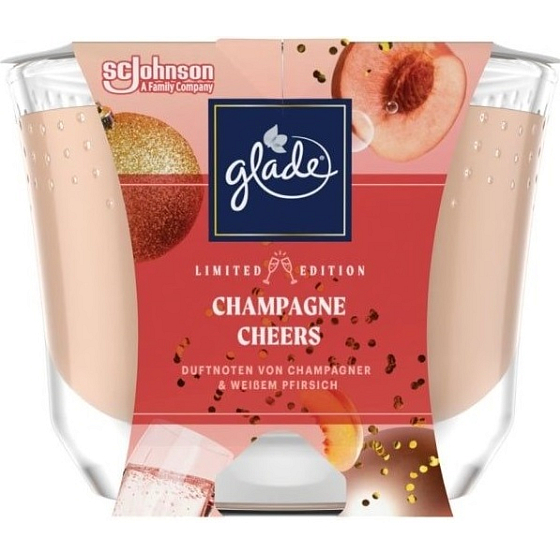 Glade Champagne Cheers mit dem Duft von Champagner und frischem Pfirsich Duftkerze im Glas, Brenndauer bis zu 52 Stunden 224 g