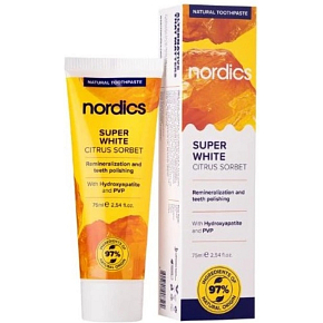 Nordics Reminelizační Super White citrusový sorbet s tekutou sklovinou zubní pasta 75 ml