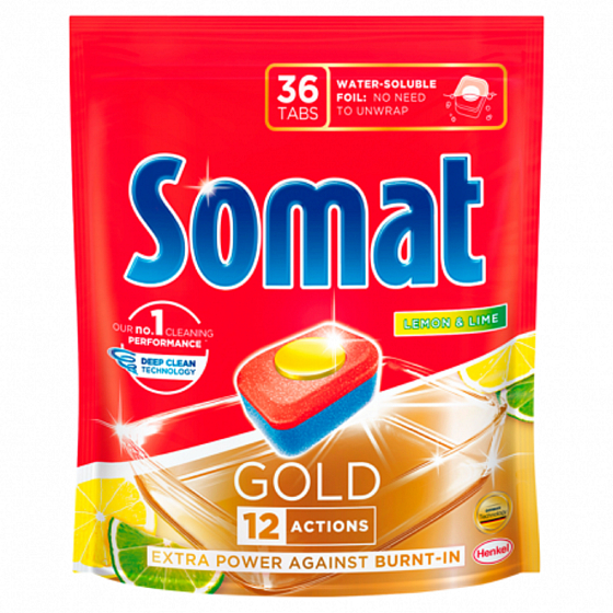 Somat Gold 12 Action Lemon & Limea Geschirrspülertabletten helfen dabei, selbst hartnäckigen Schmutz zu entfernen, ohne 36 Tabletten vorzuwaschen