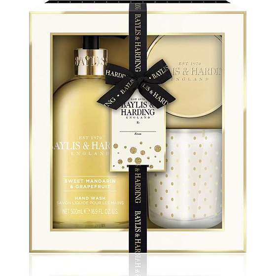 Baylis & Harding Sweet Tangerine und Grapefruit flüssige Handseife 300 ml + Duftkerze mit Metalldeckel 200 g, Kosmetikset