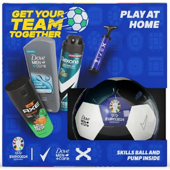 Rexona Euro 2024 Advanced Protection Invisible Antitranspirant Spray 150 ml + Axe Jungle Fresh Deodorant Spray 150 ml + Dove Men +Care Clean Comfort Duschgel 250 ml + Fußball + Pumpe, Geschenkset für Männer