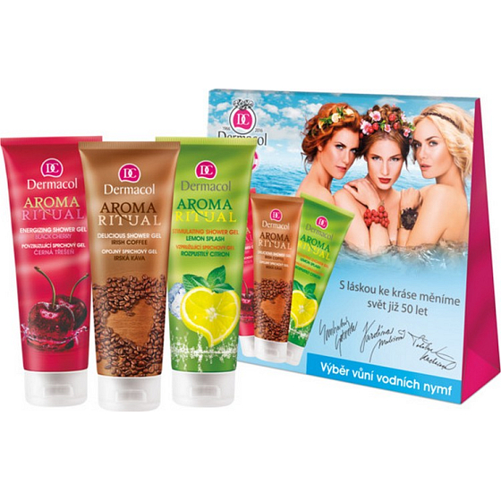 Dermacol Aroma Ritual Irischer Kaffee Berauschendes Duschgel 250 ml + Schwarzkirsch Duschgel 250 ml + Lösliches Zitronenduschgel 250 ml, Kosmetikset