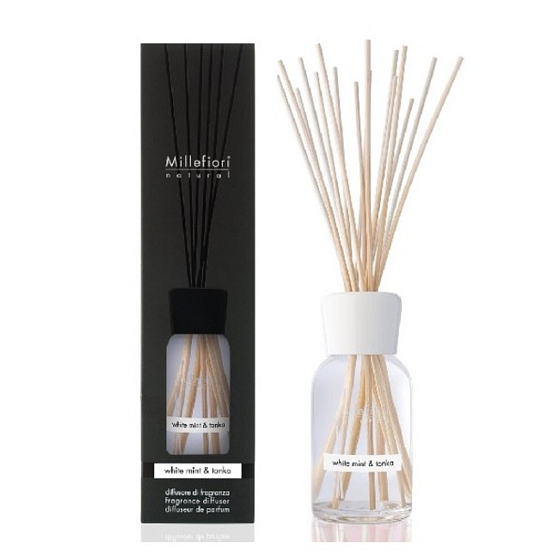 Millefiori Milano Natural White Mint & Tonka - Diffusor aus weißer Minze und Tonkabohnen 250 ml + 8 30 cm lange Stiele für mittelgroße Räume hält mindestens 3 Monate
