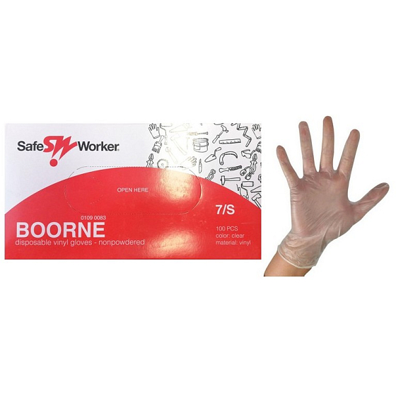 Safe Worker Boorne Untersuchungshandschuhe, Vinyl, puderfrei, unsteril, Größe S, Schachtel mit 100 Stück
