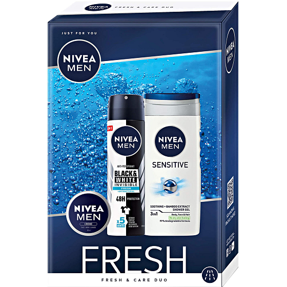 Nivea Men Fresh Sensitive Shower Gel 250 ml + Black & White Fresh Antitranspirant Spray 150 ml + Men Cream 30 ml, Kosmetikset für Männer