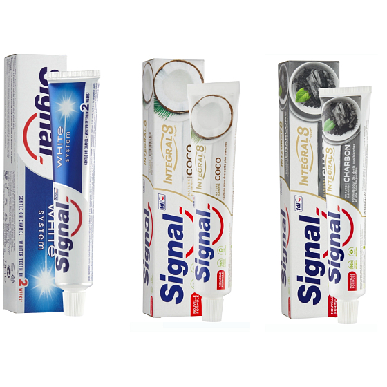 Signal White System Zahnpasta 5 x 75 ml + Integral 8 Kokosnuss-Weißmacher Zahnpasta 8 x 75 ml + Integral 8 Aktivkohle Zahnpasta 11 x 75 ml, Mischkarton 24 Stück