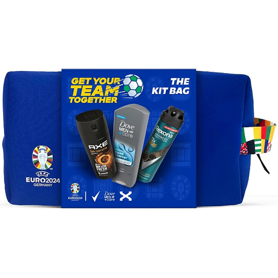 Rexona Euro 2024 Advanced Protection Sport Cool Antitranspirant Spray 150 ml + Axe Dark Temptation Deodorant Spray 150 ml + Dove Men +Care Clean Comfort Shower Gel 250 ml + Herren-Etui, Geschenkset für den Mann