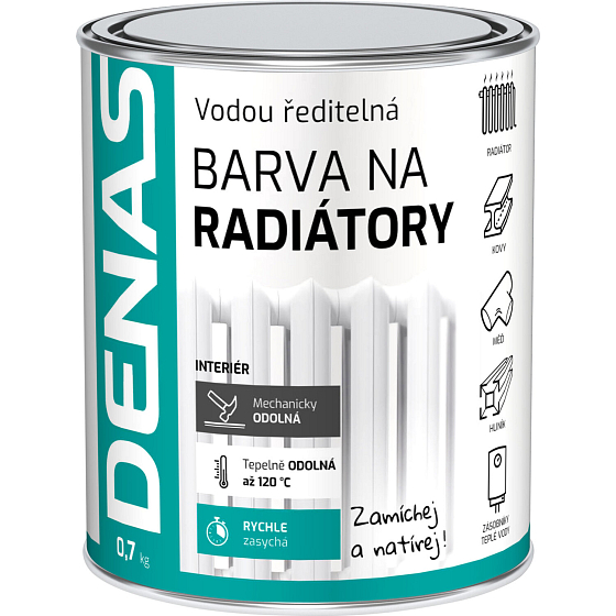 Denas rychleschnoucí barva na radiátory, bílá, 700 g. Ideální pro renovaci radiátorů, zajišťuje hladký a odolný povrch.
