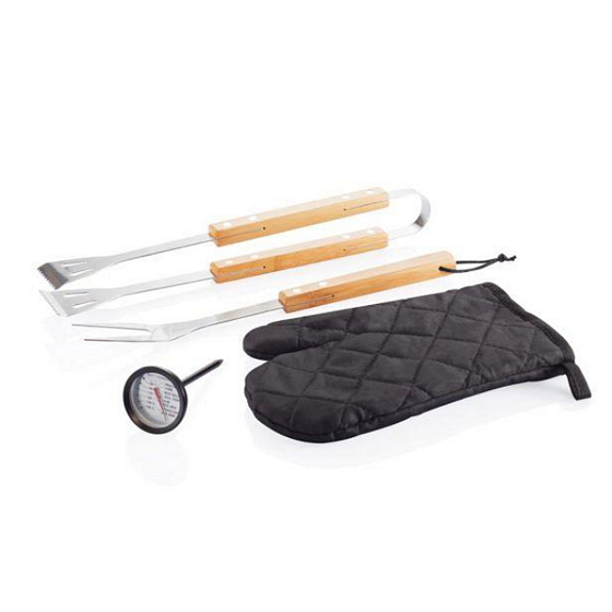 Albi Looqs Grillset für Fleischzubereitung, Zange, Gabel, Grillhandschuh und Thermometer.