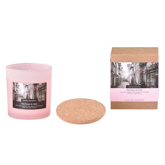 Aroma Aroma Sensation Duftkerze aus rosa Pfingstrose und Litschi im Glas mit Korkdeckel 7,5 x 8,5 cm 340 g