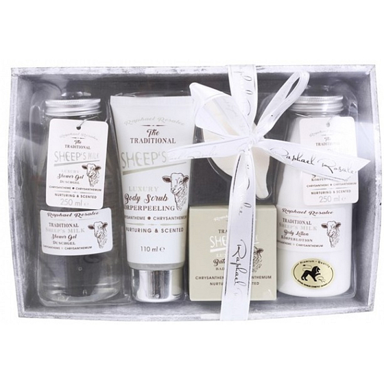 Raphael Rosalee Schafmilch Duschgel 250 ml + Körpermilch 250 ml + Körperpeeling 110 ml + Badesalz 100 g + Toilettenseife 40 g + Holztablett, Kosmetikset