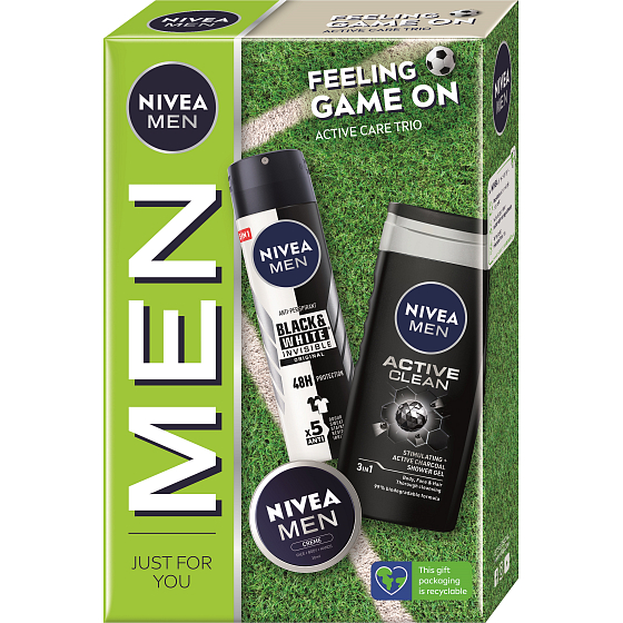 Nivea Men Feeling Game On Creme 30 ml + Active Clean Duschgel 250 ml + Invisible Black & White Antitranspirant Deodorant Spray 150 ml, Kosmetikset für Männer
