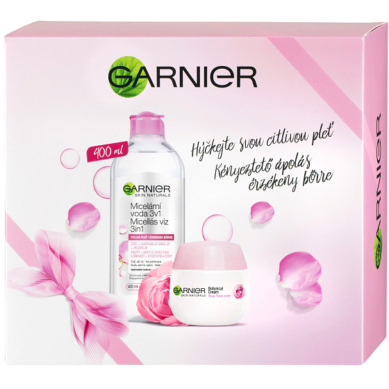 Garnier Skin Rose Sensitive 3 in 1 Mizellenwasser für empfindliche Haut 400 ml + Botanische 24-Stunden-Feuchtigkeitscreme für trockene und empfindliche Haut 50 ml, kosmetisches Set