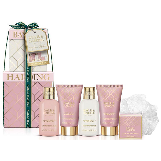 Baylis & Harding Jojoba, Vanille & Mandelöl Duschcreme 100 ml + Waschgel 100 ml + Körperlotion 50 ml + Handcreme 50 ml + Badekristalle 25 g + Waschlappen, Kosmetikset für Damen