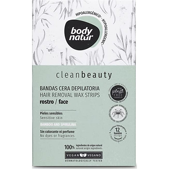 Body Natur Clean Beauty Bamboo & Spirulina Enthaarungswachsstreifen für empfindliche Gesichtshaut 12 Stück