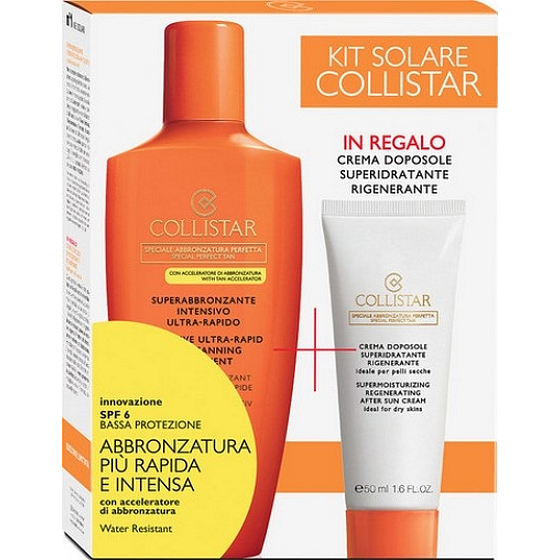 Collistar Sun Care Kit Intensive Ultra-Rapid Super Tanning Treatment 200 ml + Supermoisturizing Regenerating After Sun Cream feuchtigkeitsspendende und regenerierende After Sun Creme 50 ml, Kosmetikset