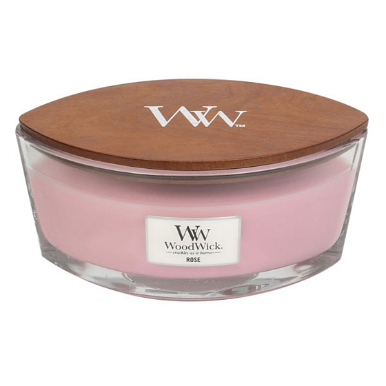 WoodWick Rose - Rosenduftkerze mit breitem Holzdocht und Glasschiffdeckel 453 g