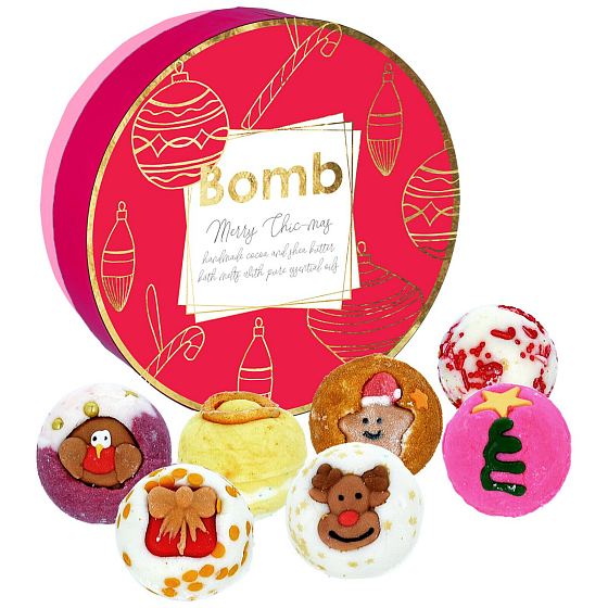 Bomb Cosmetics Frohe Weihnachten Mix aus Weihnachtskugeln aus Shea und Kakaobutter 7 x 30 g, Kosmetikset in einer Blechdose
