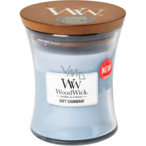 WoodWick Soft Chambray - Reinigen Sie die Duftkerze aus Leinen mit einem Docht aus Holz und einem kleinen Glasdeckel von 85 g