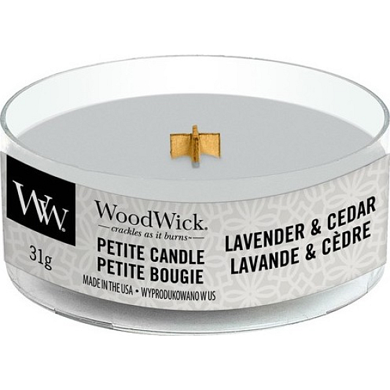 WoodWick Lavender & Cedar - Duftkerze aus Lavendel und Zeder mit kleinem Docht aus Holz 31 g