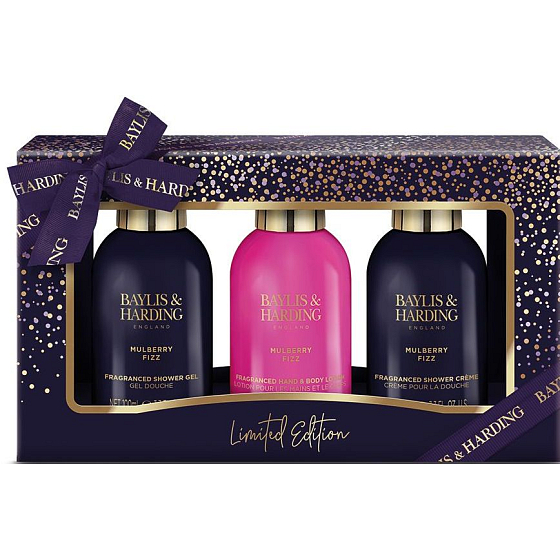 Baylis & Harding Mulberry Fizz Luxus Duschgel 100 ml + Hand- und Körperlotion 100 ml + reinigende Duschcreme 100 ml, Kosmetikset für Damen