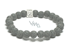 Lava grau mit königlichem Mantra Om, Armband elastischer Naturstein, Kugel 8 mm / 16-17 cm, geboren aus den vier Elementen