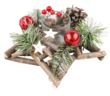 Weihnachtskerzenhalter aus Holz in Form eines Sterns mit roten Accessoires und Tannenzapfen 20 cm