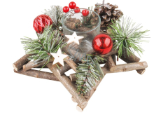 Weihnachtskerzenhalter aus Holz in Form eines Sterns mit roten Accessoires und Tannenzapfen 20 cm