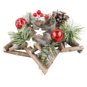 Weihnachtskerzenhalter aus Holz in Form eines Sterns mit roten Accessoires und Tannenzapfen 20 cm