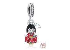 Charm Sterlingové stříbro 925 Japonská panenka Kokeshi v červeném kimonu, Gejša, přívěsek na náramek cestování