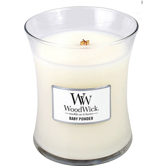 WoodWick Babypuder - Duftkerze mit Babypuder mit Holzdocht und Deckelglas Medium 275 g