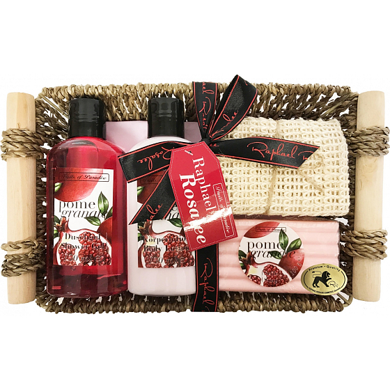Raphael Rosalee Cosmetics Granatapfel-Duschgel 150 ml + Körperlotion 150 ml + Festseife 100 g + Massagetuch + Körbchen, Kosmetikset